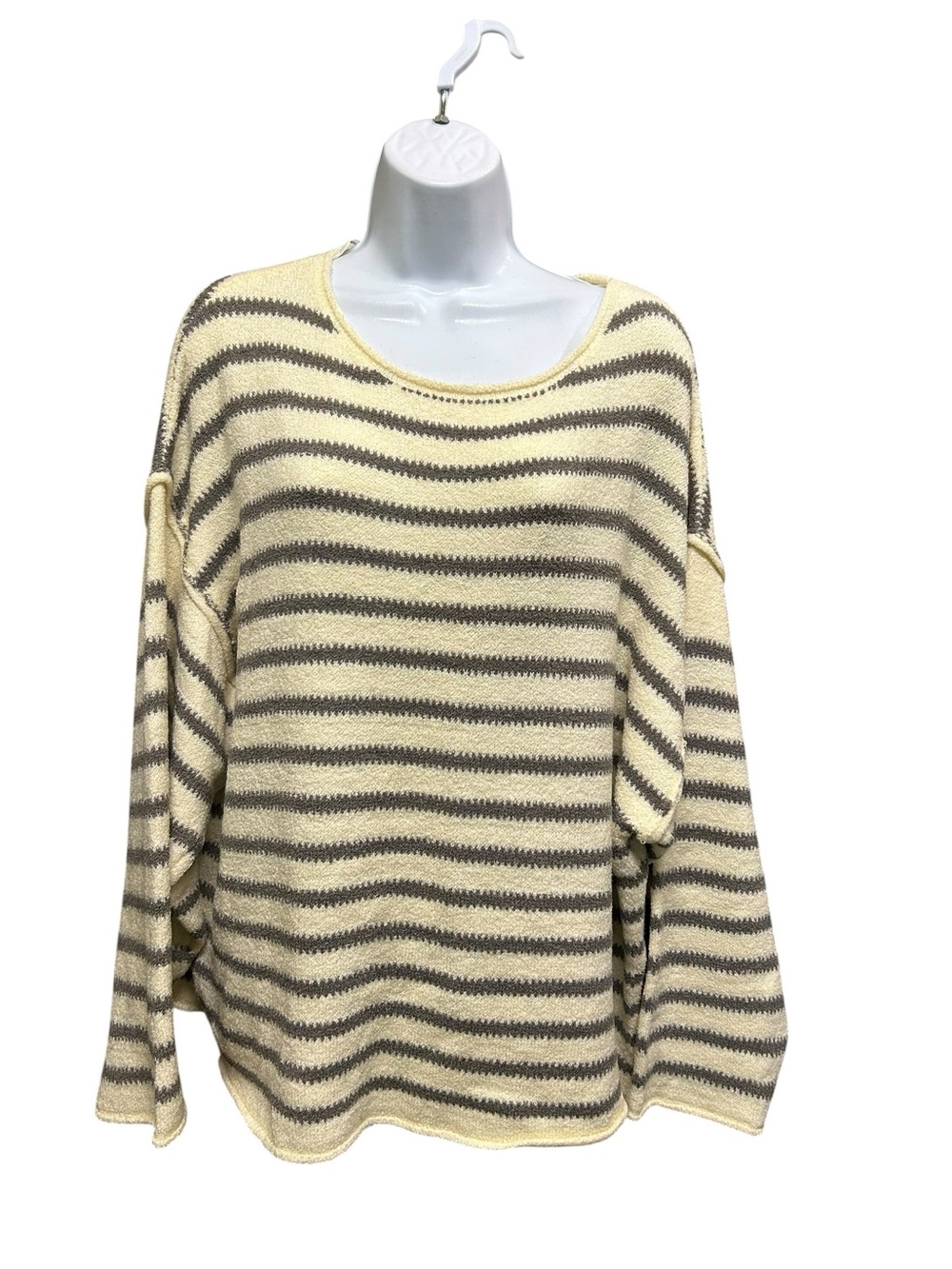 Promsea Gray Off White Stretchy Knit Oversized Nautical Stripe Top Size S NWT